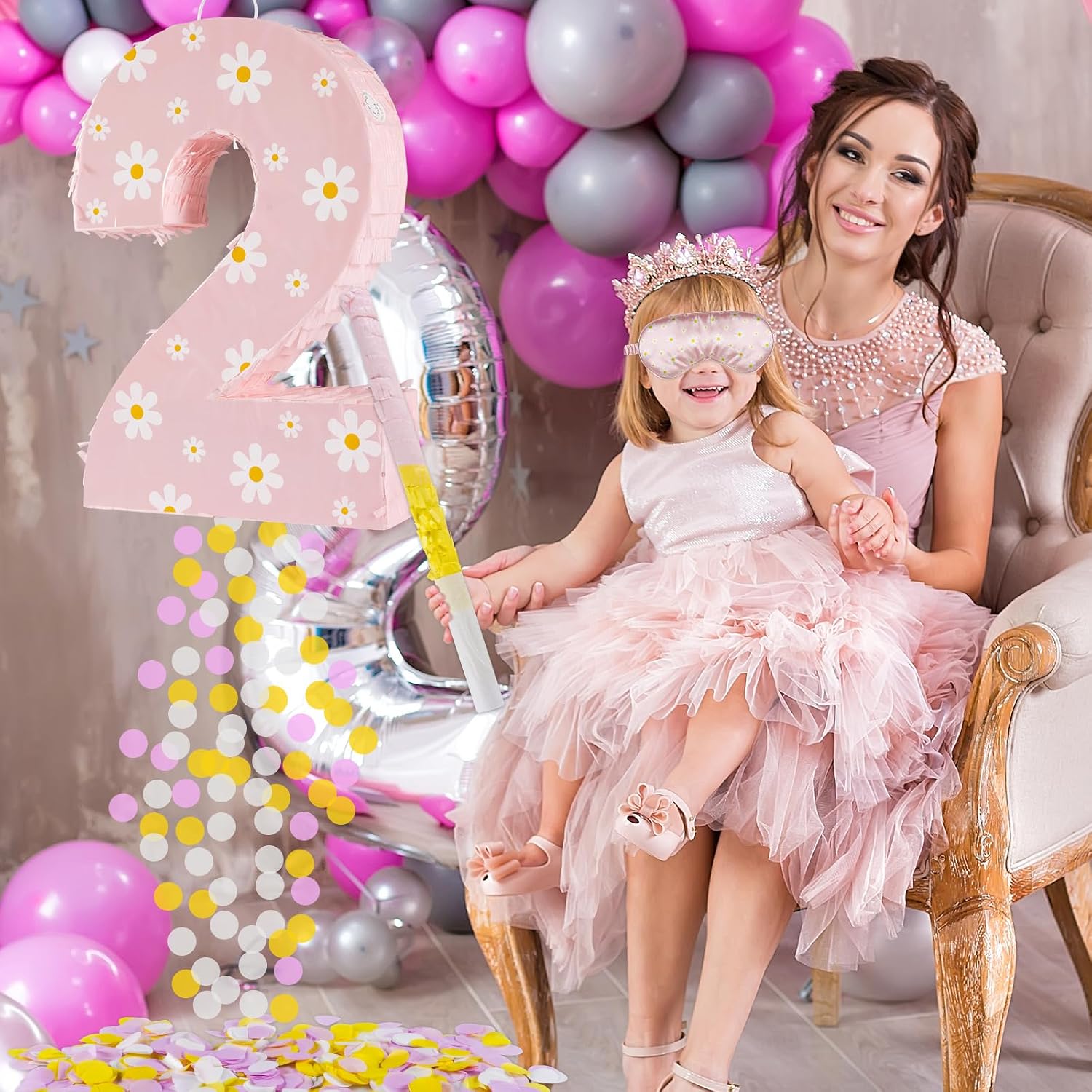 Daisy Birthday Decorations, Daisy Number 2 Piñata with Blindfold Stick Blindfold Confetti for Pink Flower Boho 2nd Birthday Party Supplies (Daisy 2)