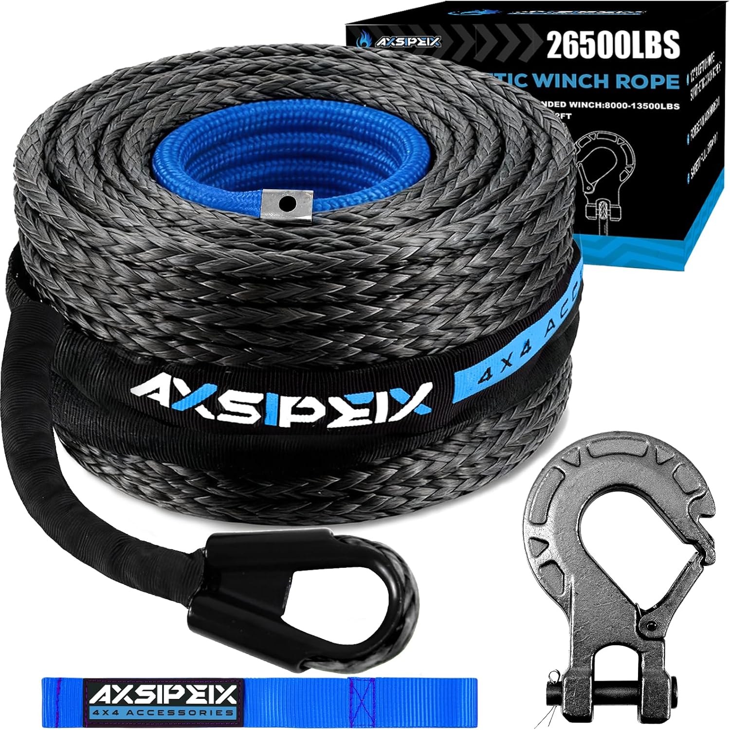 Synthetic Winch Rope Kit, 3/8" x 92ft 26500LBS Blue+Black Winch Cable with Protective Sleeve, Forged Winch Hook and Safety Pull Strap 4WD Off Road Vehicle SUV Truck