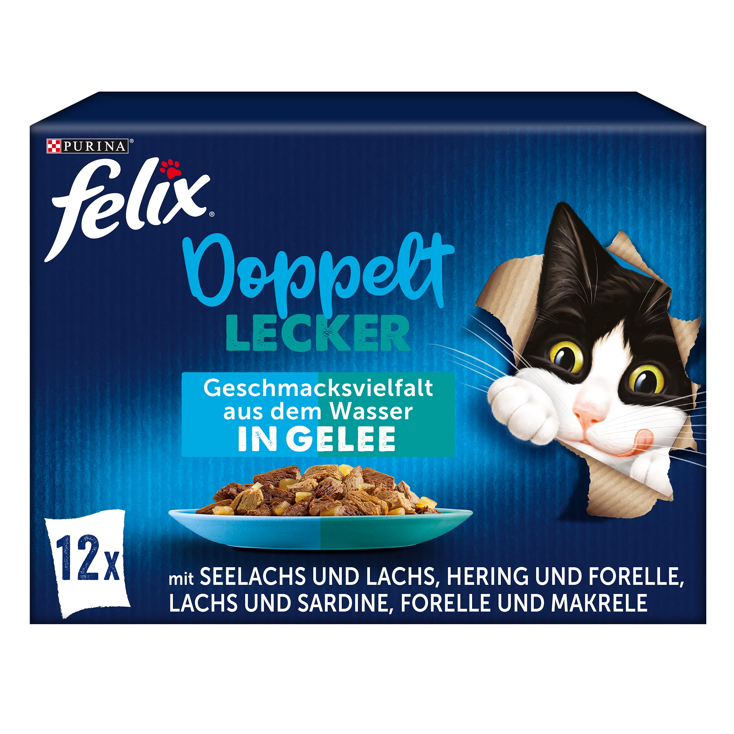 FELIX Comida para Gatos Doble Deliciosa húmeda en gelatina, Mezcla de Pescado, 6 Unidades (6 x 12 Bolsas de 85 g)