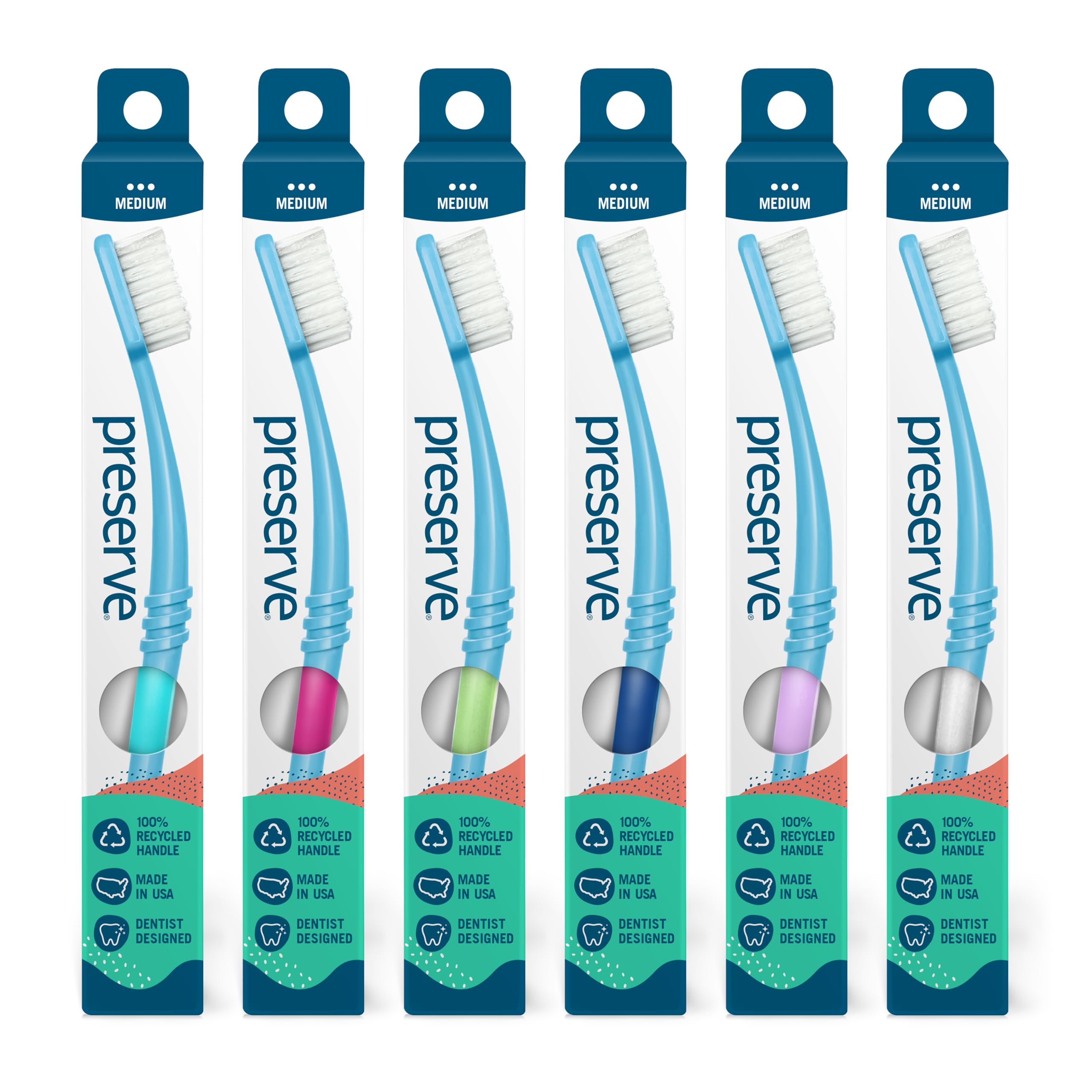 Preserve Eco Friendly Adult Toothbrushes, Made in The USA from Recycled Plastic, Ultra Soft Bristles, Paperboard Package, Colors Vary, 6 Count (Medium)