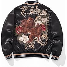 Kylin Peony Embroidered Bomber Jacket Retro Streetwear Satin Spring Fall Windbreaker Coat for Men Women