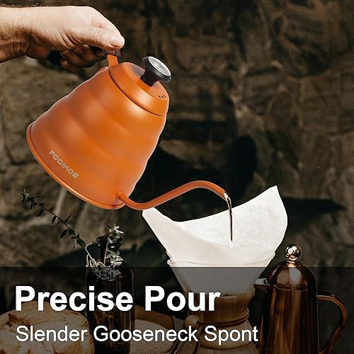 Miniatura 5 de Fooikos Hervidor de café con termómetro para café y té, 42 onzas líquidas, hervidor de cuello de cisne de acero inoxidable de alta calidad, base en