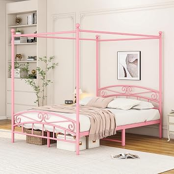 Canopy Bed Frame King Size, Pink