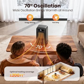 FLANUR Space Heaters for Indoor Use, 1500W Small Desk Heater with Remote, Thermostat, 4 Modes, 12H Timer, LED Display, Safety Protection, 70 Oscillating Heater for Office Bedroom Home (Black, 1Pack)