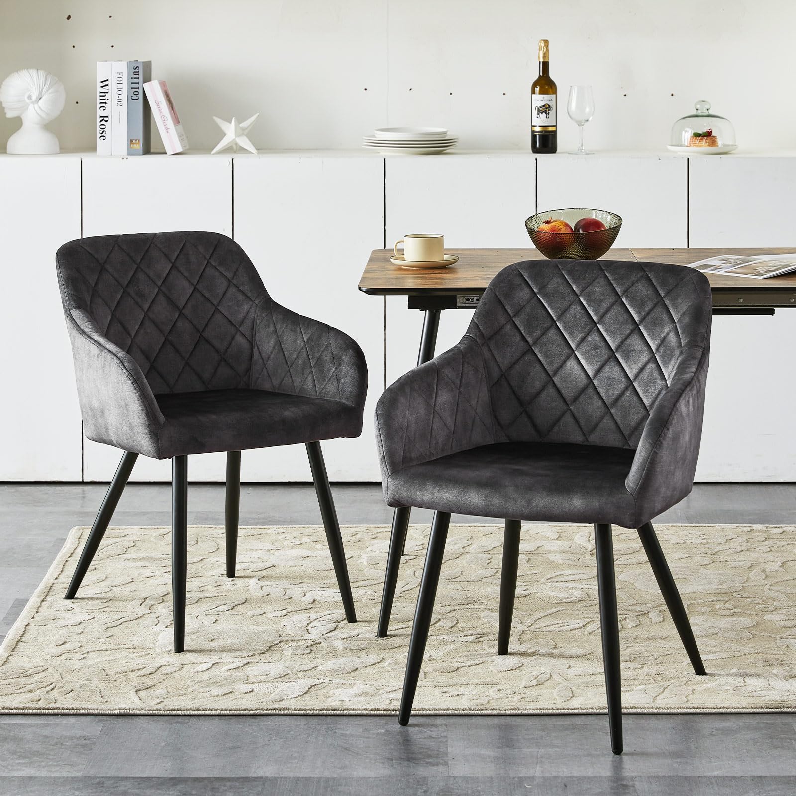 CLIPOP Esszimmerstühle 2er Set, Küchenstühle Grau Samtstoff Wohnzimmerstühle Polsterstühle mit Armlehne Metallbeine Polstersessel Stühle für Esszimmer Wohnzimmer Küche (2, Samt Kohlenstoffgrau)