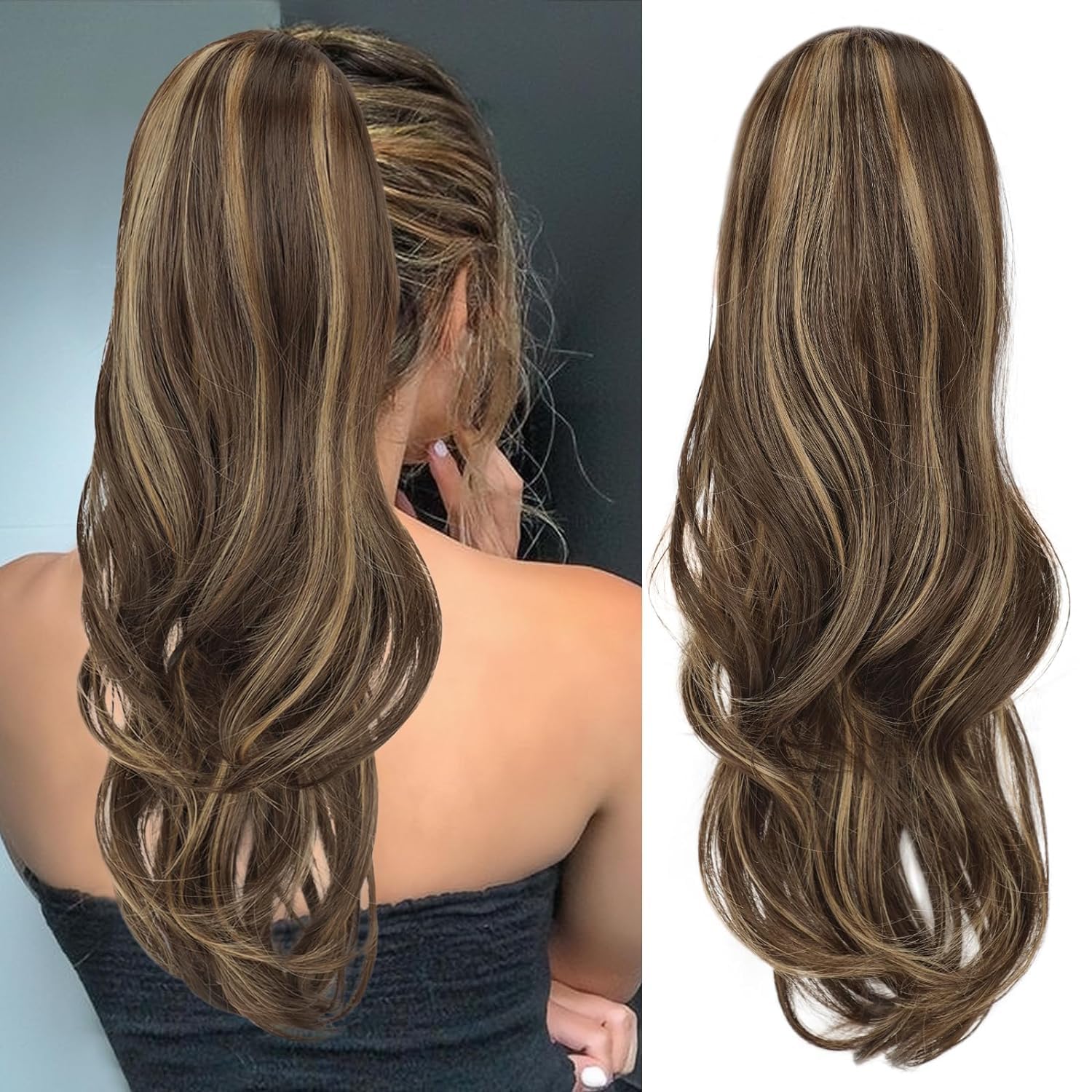 DAZZ LOOK Claw Clip in Wavy Pony Tail Hair Pieces 20" 5.6 OZ Highlights Ponytails Wig Synthetic Fake Hair Clip On Pony Tails Hair Extensions For Women Girls -4H27 (Highlights)-picture-23