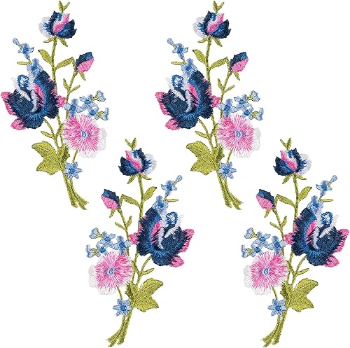 4 parches bordados de flores rosas para coser para planchar, ramo floral rosa y azul bohemio para ropa, jeans, chaquetas, bolsas de vestir,