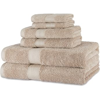 Amazon Basics Hand Towel Set 6 Pieces 100% Organic Cotton Fade Resistant Soft 2 Bath Towels + 2 Hand Towels + 2 Face Cloths Taupe