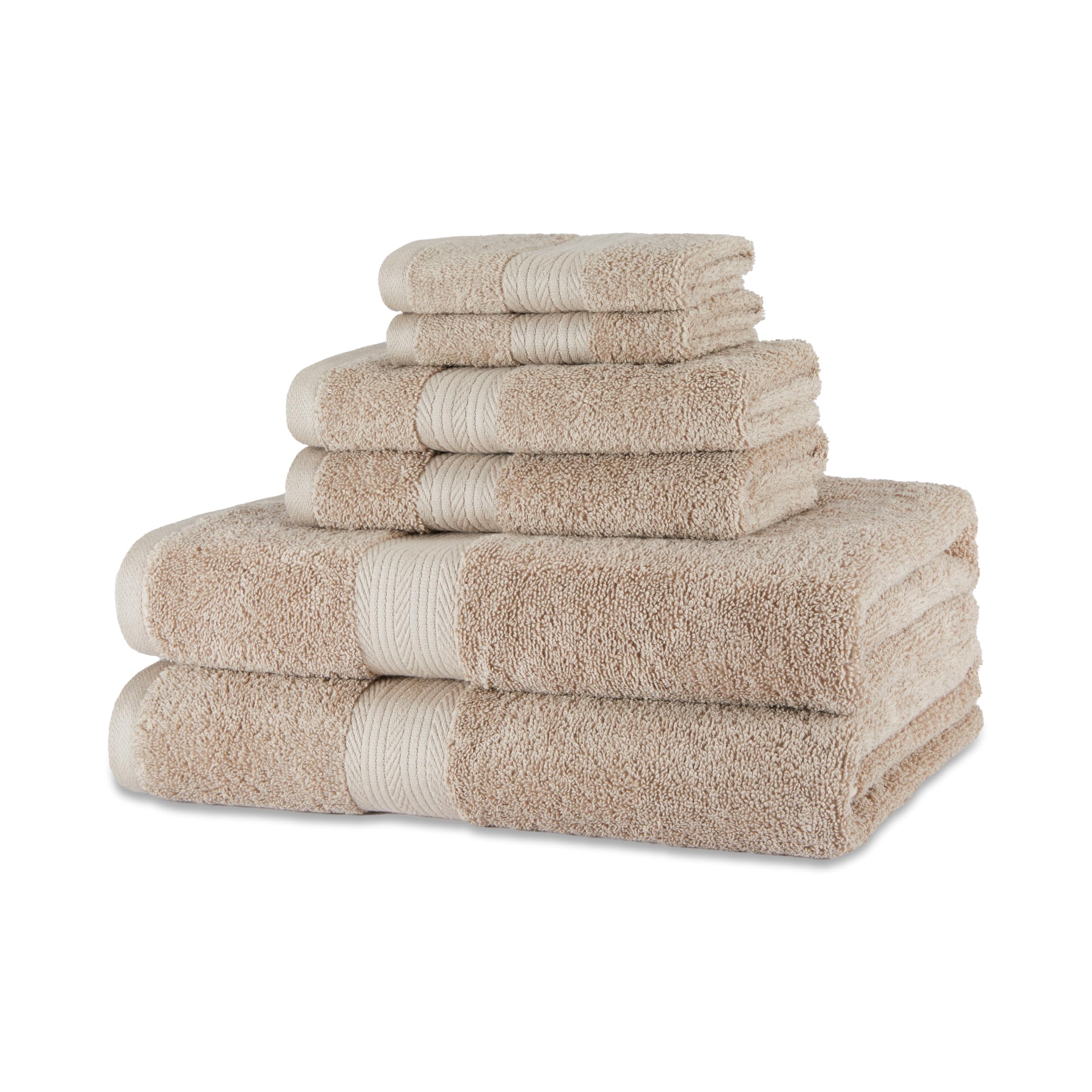 Amazon Basics Fade-Resistant Bath, Hand and Washcloth Towel Set, 100% Cotton, Everyday Use, 30 x 54 inches, Taupe, Set of 6