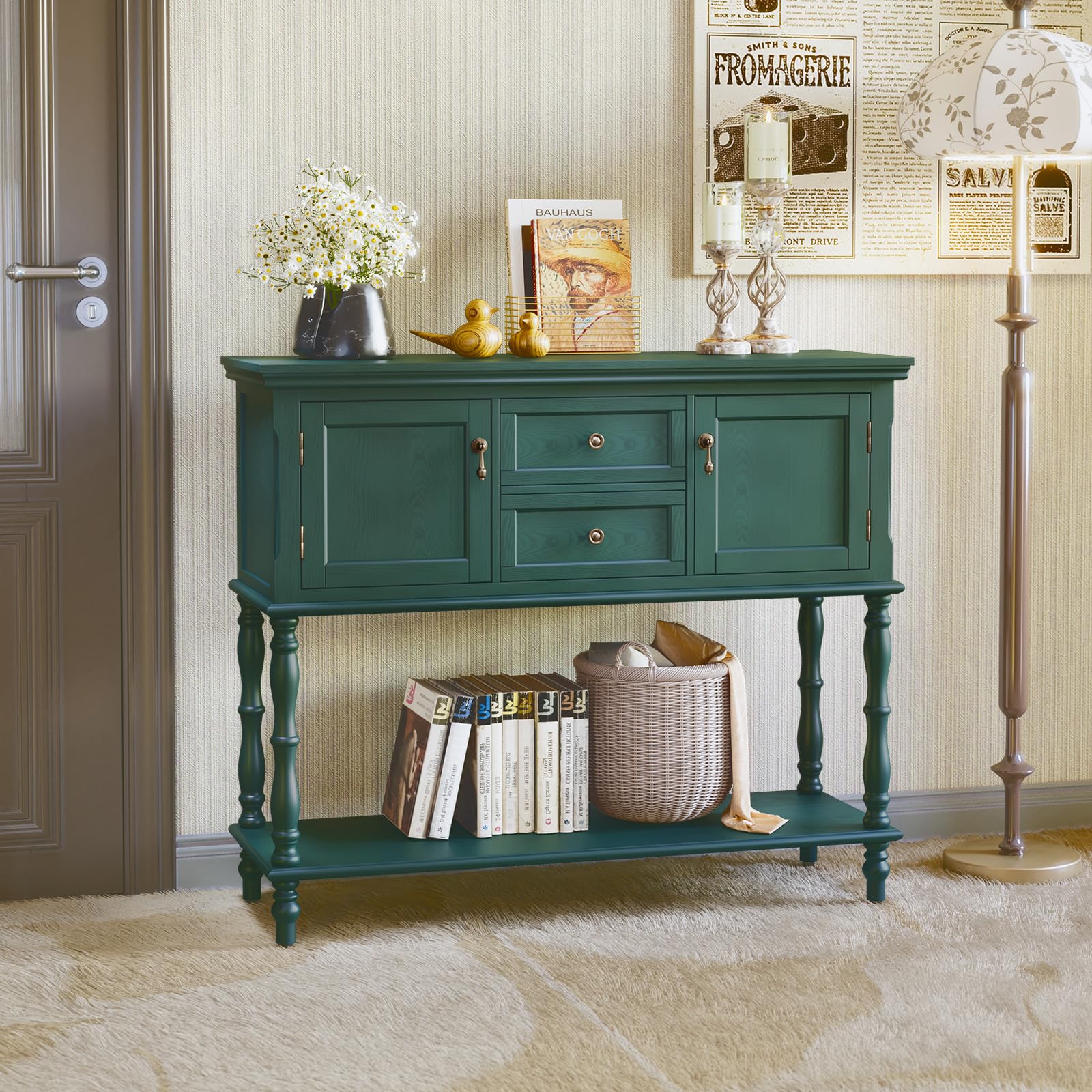 Consolle Ingresso con Cassetti e Ante, Verde Consolle Dietro Divano Stile Vintage in Legno con Ripiano Inferiore, Consolle per Ingresso, Soggiorno, Corridoio e Camera da Letto