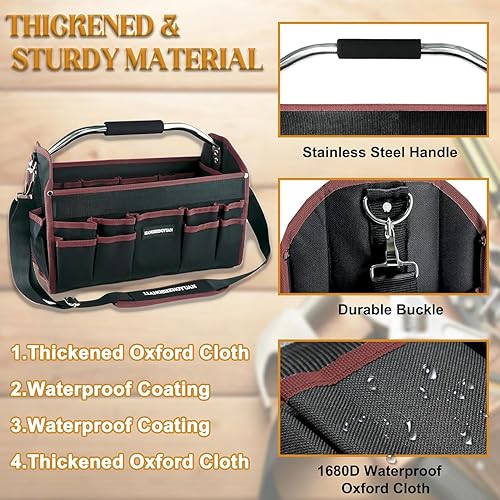 Miniatura 4 de Portaherramientas de 20 pulgadas, bolsa de herramientas con parte superior abierta, 30 bolsillos, bolsa de herramientas impermeable para hombres,