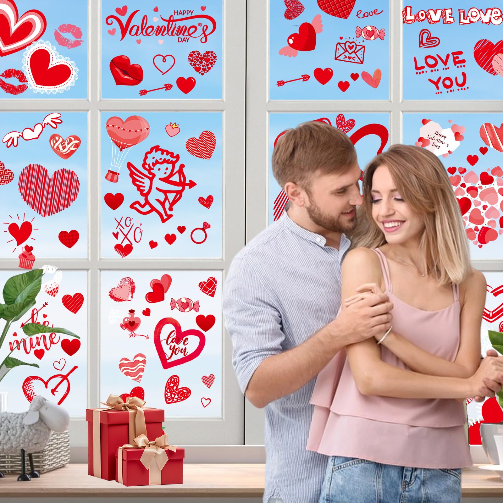 Lot de 9 feuilles d'autocollants de fenêtre pour la Saint-Valentin, la maison, le bureau, les anniversaires, les mariages, les fêtes