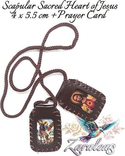 Miniatura 3 de Zaraleas Escapulario del Sagrado Corazón de Jesús, Virgen del Carmen y Guadalupe, San Miguel. Acabado en piel. 1.6 in x 2.2 in