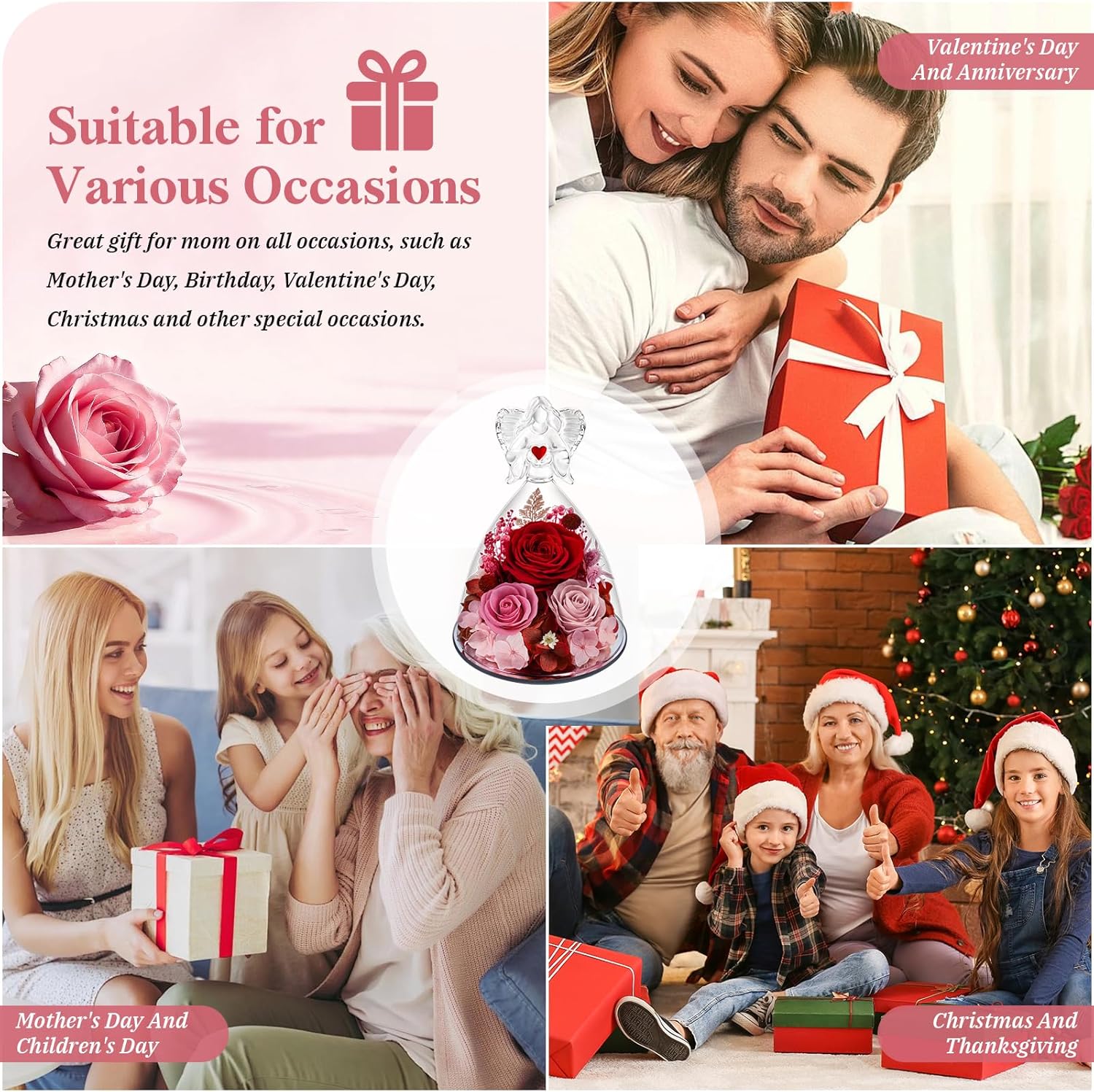 Preserved Flowers in Glass Angel Figurine with LED Light,Forever Real Roses Prime Eternal Flower Birthday Glitter Decorations for Her Women Mom Grandma Wife Sister - Image 6