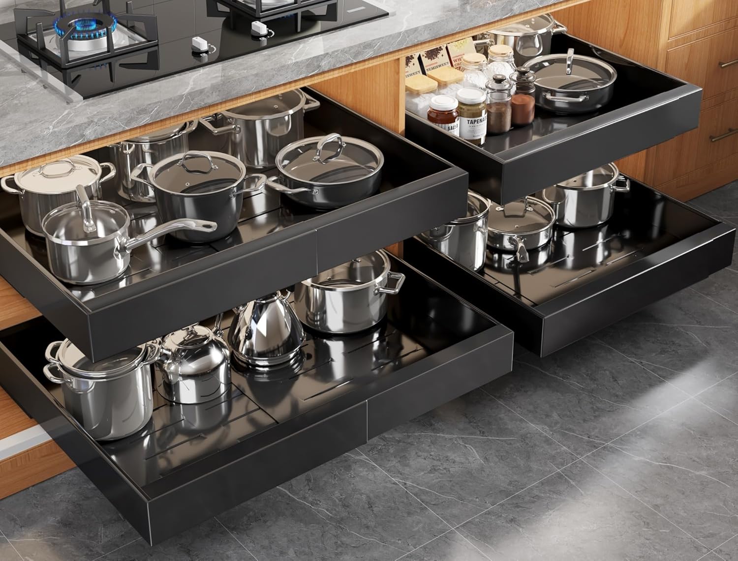 4 Pack Expandable (15.1"-26.3") Pull Out Cabinet Organizer 21" Deep With Raising Pad for Framed Cabinets,Upgrade 3 Slide Rails Slide Out Drawers,No Drill Roll Out Shelves Adhesive,Black Black 21"D x 15.1"-26.3"W(4Pack)