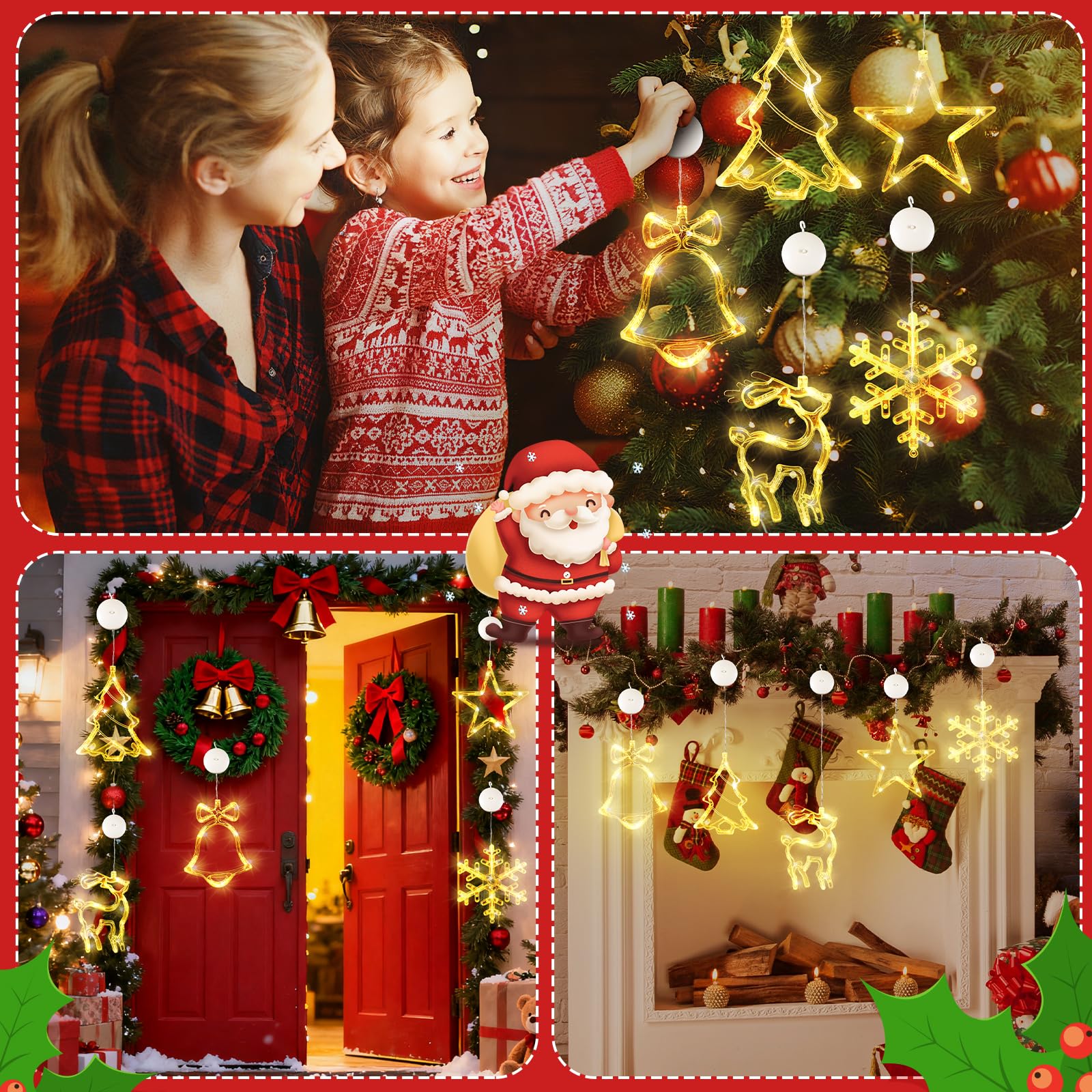 Weihnachts-Fensterlichter, Dekoration, beleuchtete Glocke, Baum, Rentier, Schneeflocke, Stern, batteriebetrieben mit Saugnapf, für Weihnachten, Fenster, Glas, Wand, Innendekoration, mehrfarbig
