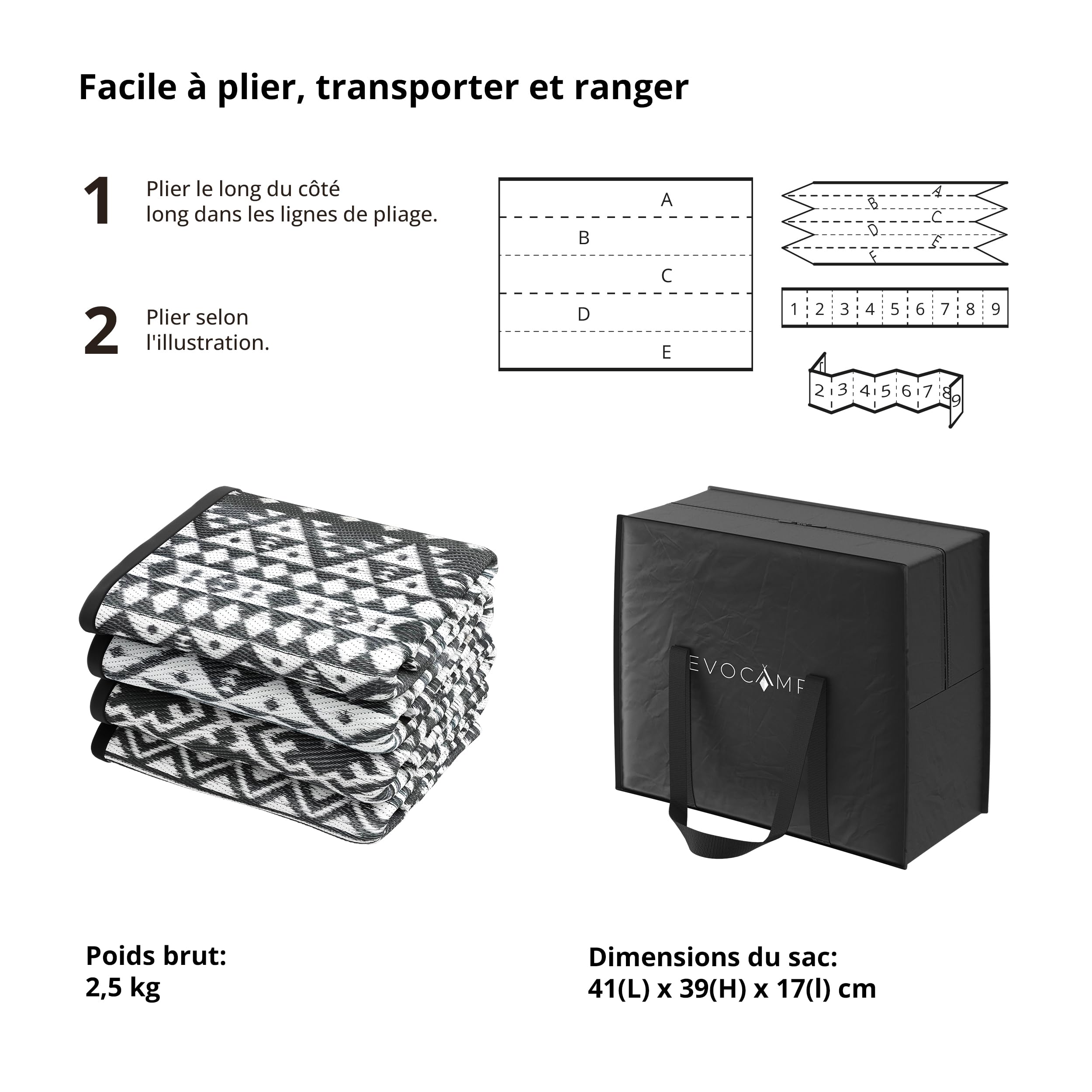 EVOCAMP Tapis d'extérieur 200x300 cm, résistant à la Pluie, imperméable, léger 2,3 kg, Couverture de Camping et Pique-Nique, Tapis en Plastique pour terrasse et Balcon, Fibres de polypropylène