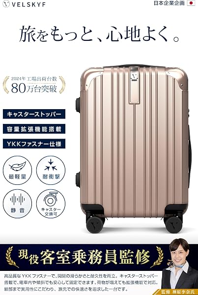 VELSKYF Sサイズスーツケースの、シャンパンゴールドカラーと拡張機能部分のクローズアップ。