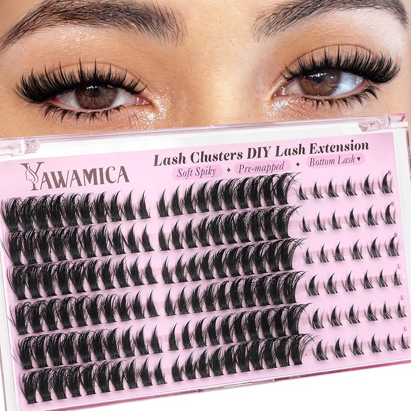 Cílios postiços em tufos Yawamica pré-mapeados, estilo spiky wispy, com cílios inferiores, curvatura D, 9–18 mm e 5–8 mm