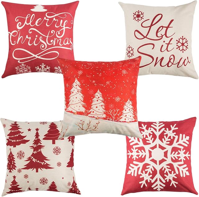 Yangbaga Set of 5 Christmas Pillow Cover Cotton Linen Decorative Pillowcases Christmas Snowflake Sofa Cushion Cover for Home Christmas Favor, 45 * 45cm / 18 * 18 Inches