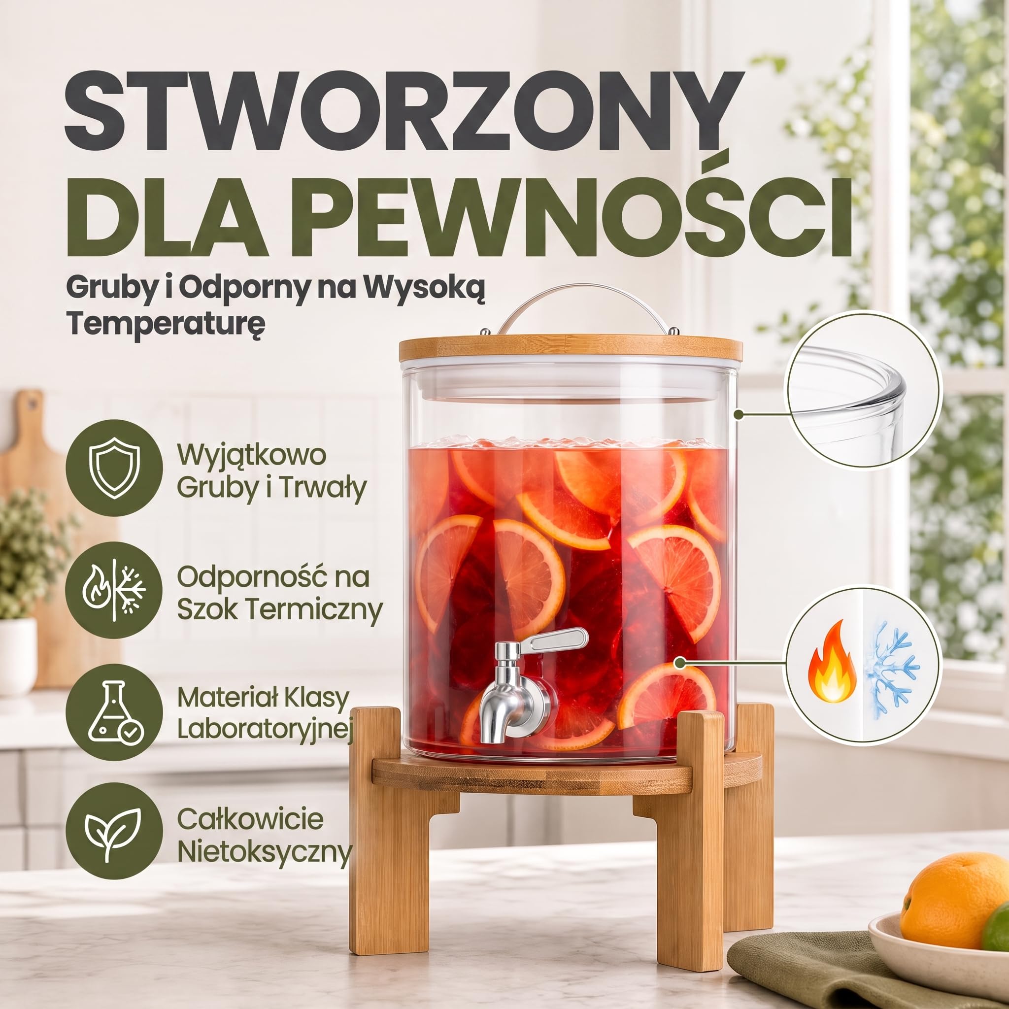 Dimono® Szklany Dozownik do Napojów 5 l z Kranem | Żaroodporne szkło borokrzemowe, kran ze stali nierdzewnej, bambusowy stojak 12 cm i pokrywka