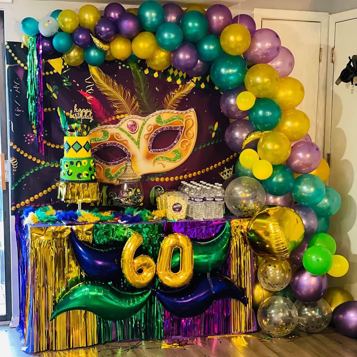 DredQcco Mardi Gras Fringe Table Skirt, 4-pack 2.5x9 ft Gold Green Purple Splicing Foil Fringe Tinsel Metallic Table Skirts for Mardi Gras Party Decorations