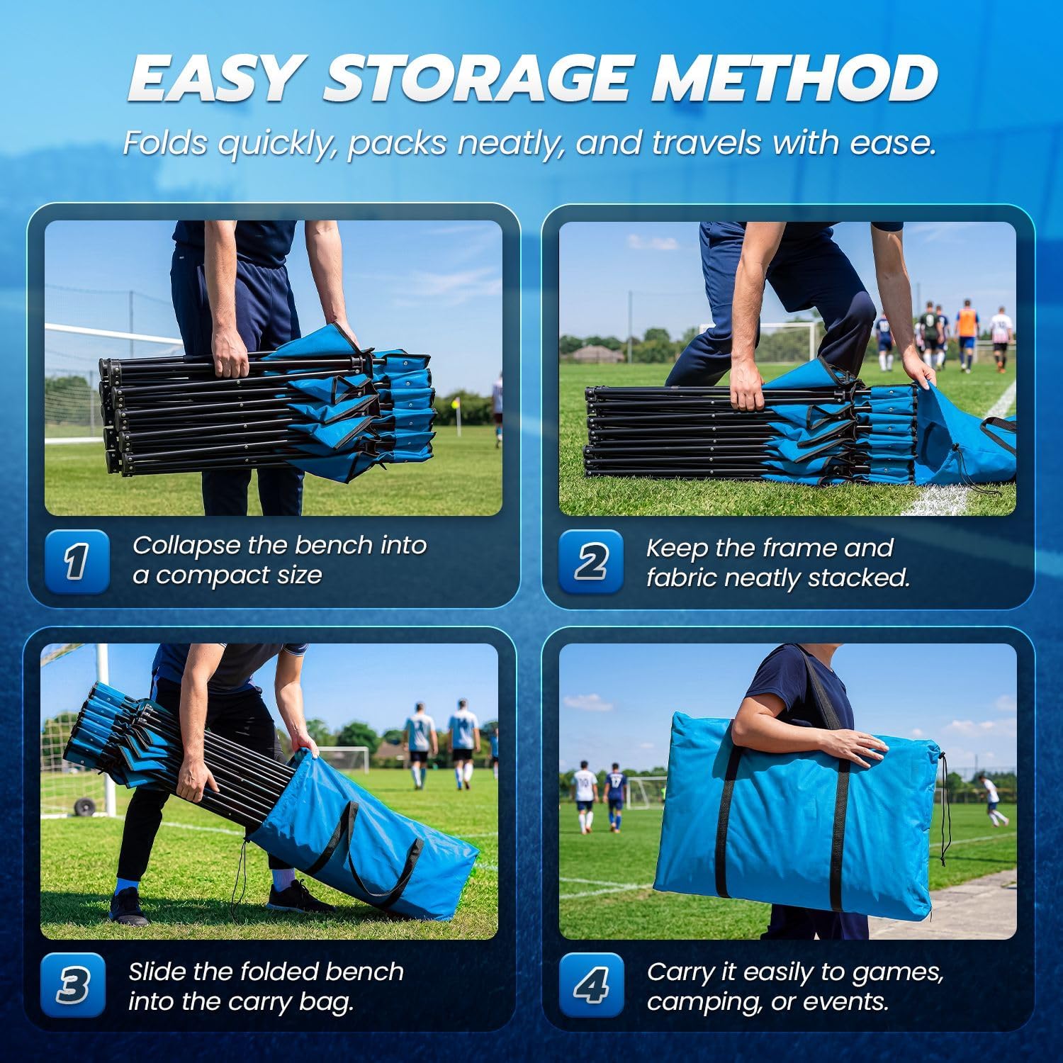 Flexzion Portable Folding Bench Seat, 6 Seater, Collapsible Soccer Bench, Portable Bench Seats for Bleachers, Camping, Sideline, with Back Rest and Carrying Bag, Blue
