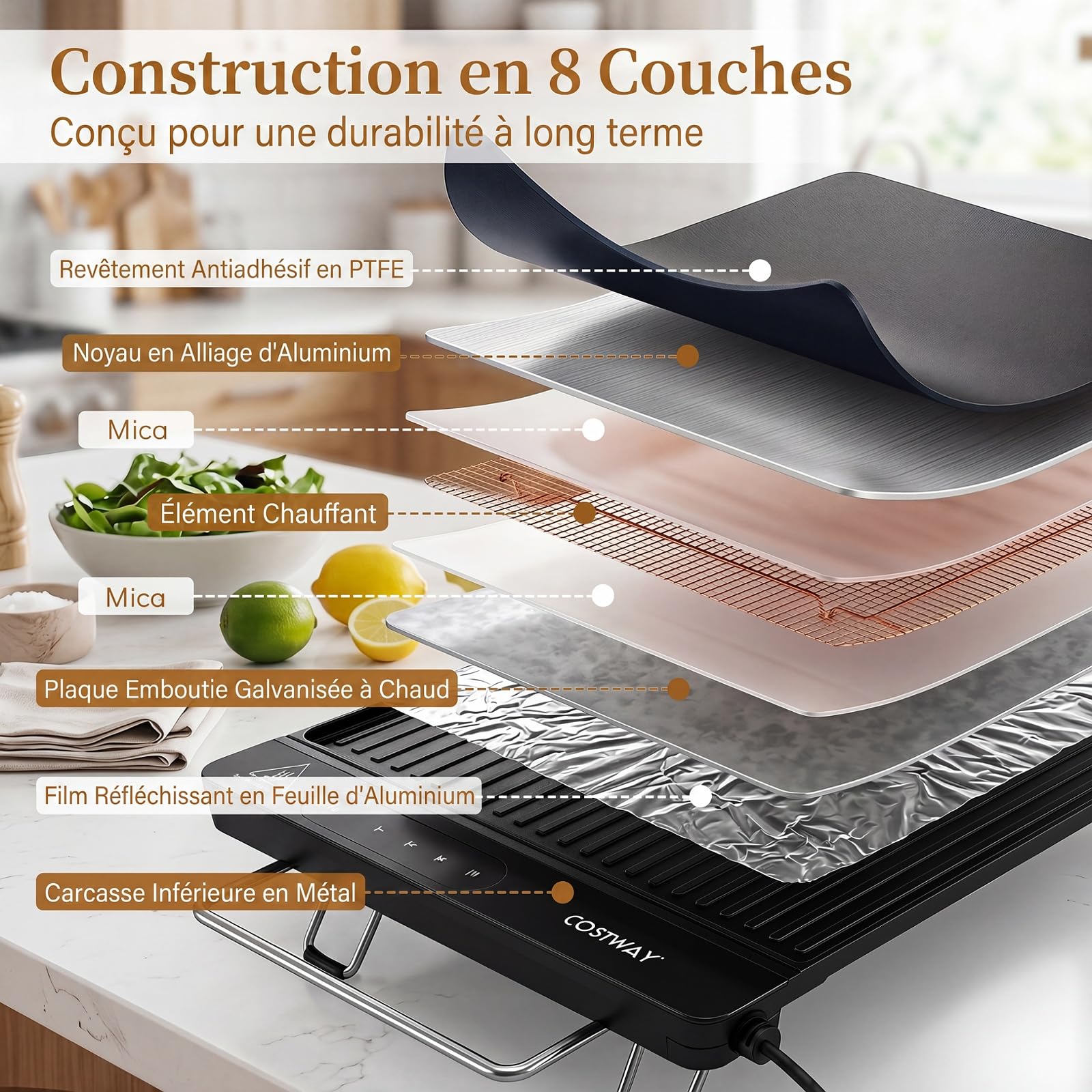 COSTWAY Plancha Gril Électrique 1300W, Plaque Antiadhérente avec Double Surface, Contrôle Tactile, Poignées, Pieds Pliables, Lavable Lave-vaisselle, Protection Surchauffe pour Voyage, Pique Nique