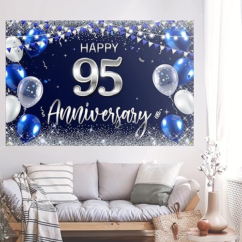 Miniatura 5 de Cartel de fondo de feliz 95 aniversario, decoración plateada con purpurina de 95 años, decoración temática de fiesta de aniversario de boda,