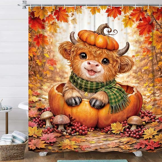 Cute Orange Kitten Fall Fabric Shower Curtain, Autumn Maple Pumpkin Mushroom Rustic Farm Thanksgiving Water Repellent Polyester Cloth Bathroom Decor with Hook 72x72