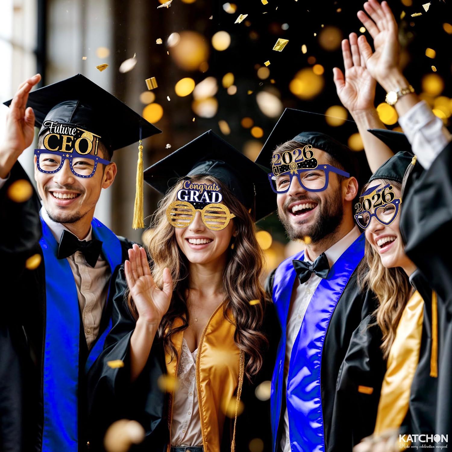 KatchOn, Blue and Gold Graduation Glasses - Pack of 12 | Glitter Graduation Photo Props for Graduation Decorations 2026 | Graduation Sunglasses for Congrats Grad Decorations, Class Of 2026 Decorations