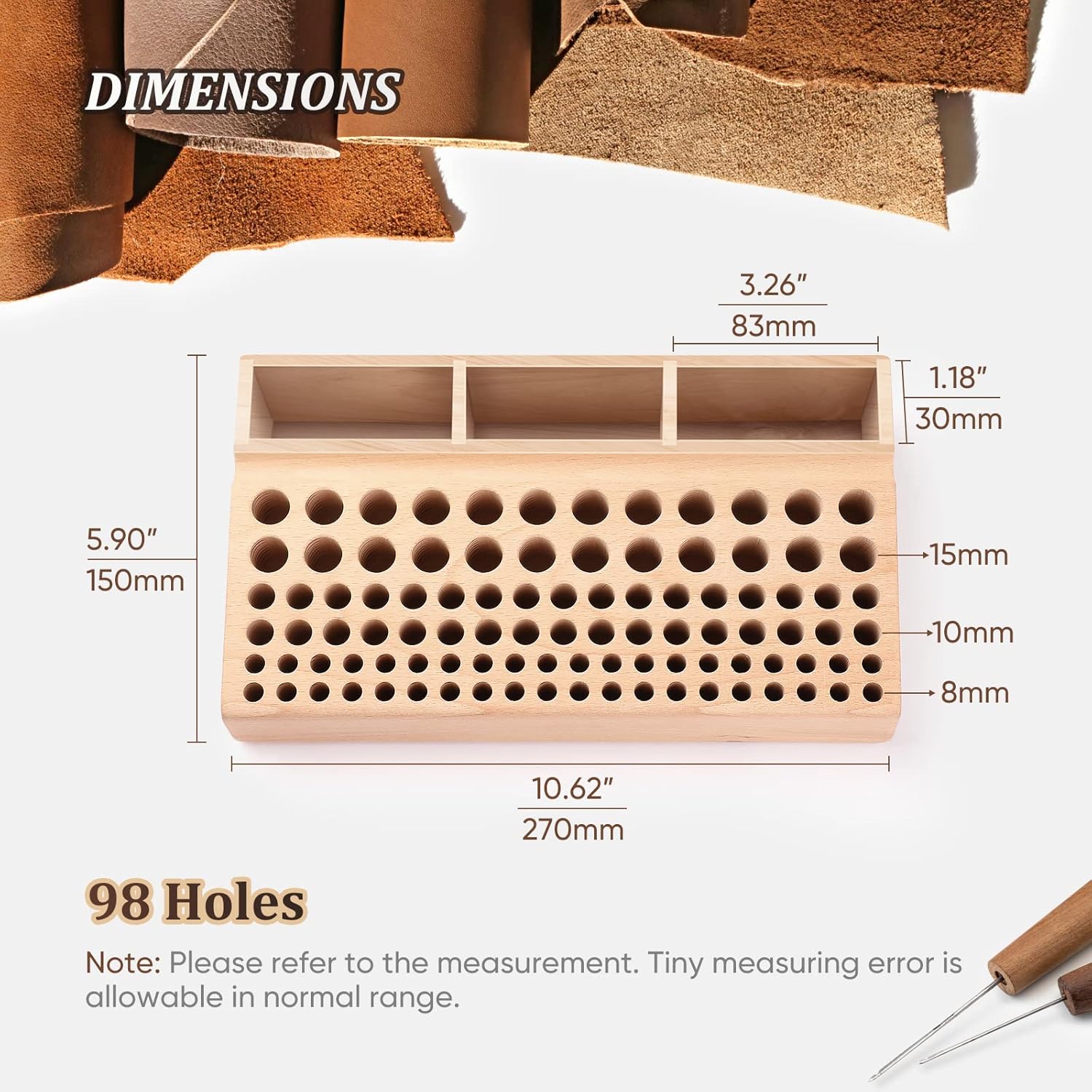 Joyibay 2 PCS Wooden Leather Tool Holders, Wooden Leather Craft Tools Rack Stand with 98 Holes, Wooden Leather Tools Storage Box for Hole Punch Leather Tools