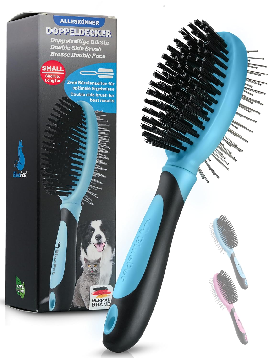 bluepet 2-in-1 dog brush for long hair and short hair so for puppies and cats straightening detangling brushing the all-round talent bristle brush blue nm