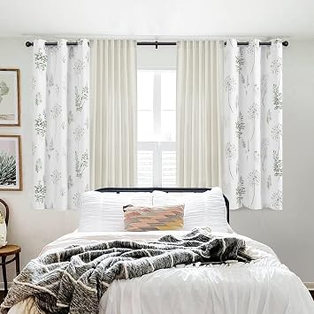 XTMYI Sage Green and Grey Blackout Watercolor Wildflowers Curtains 63 Inch Length Bundle with 63 Inch Birch Linen Cotton Farmhouse Curtains