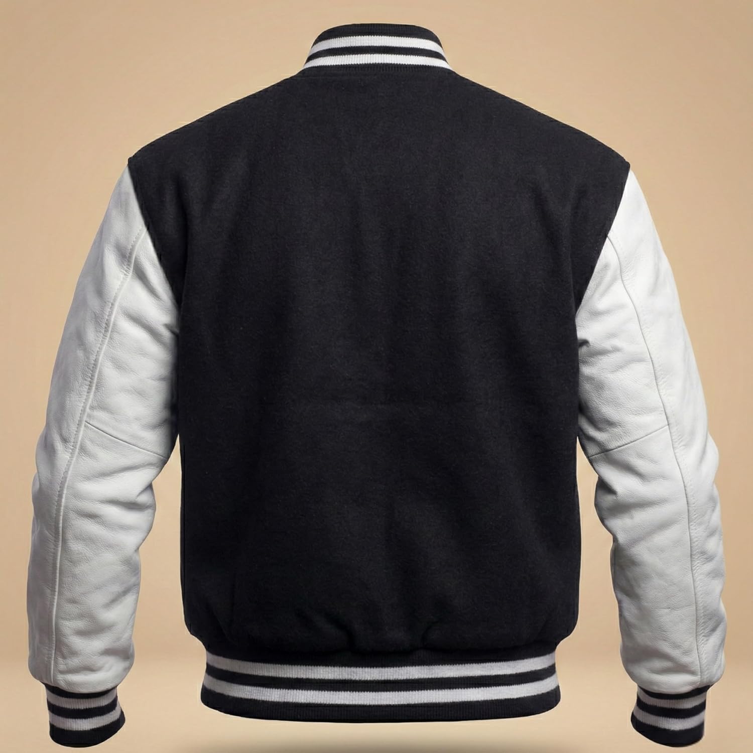 Men's Black Varsity Jacket Genuine White Leather Sleeves Wool Blend Letterman College Bomber Coat XS-3XL