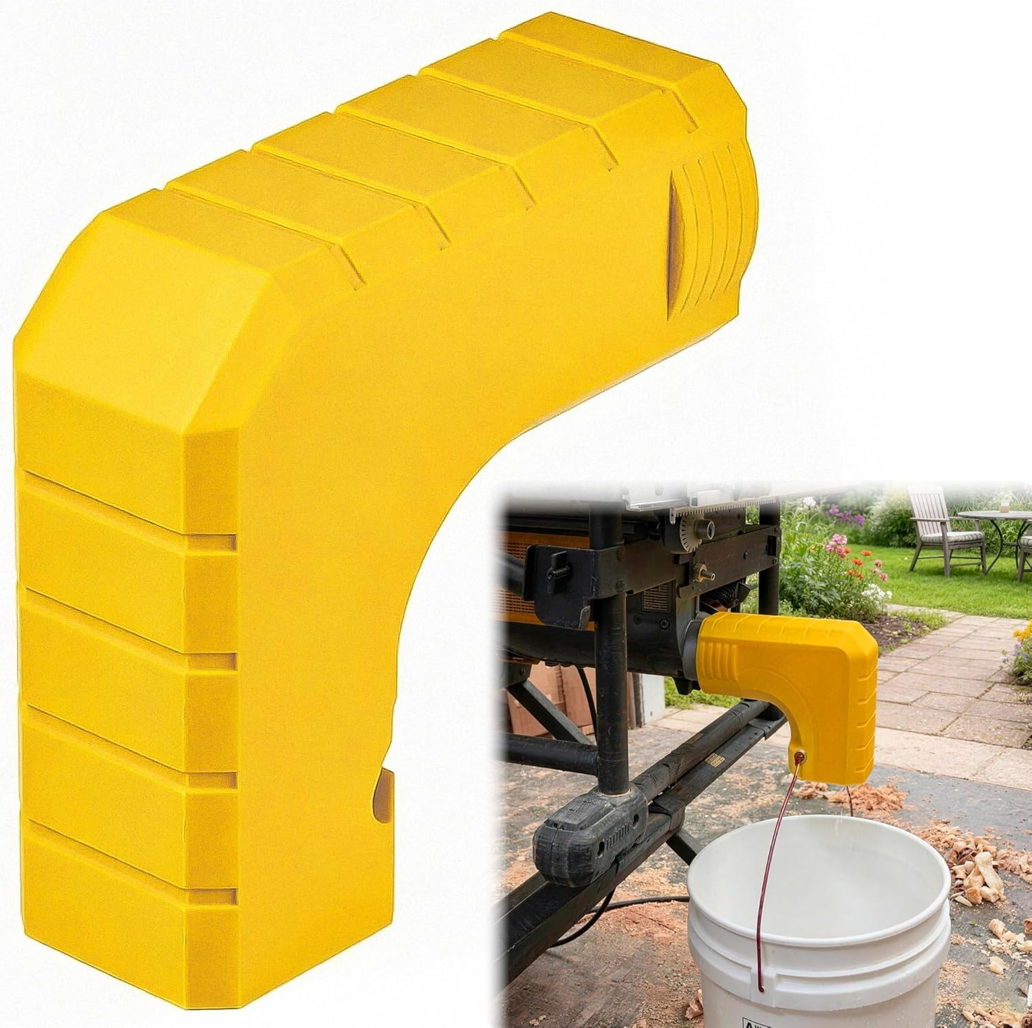 Table Saw Dust Chute for DeWALT DWE7485, Tool-Free Snap-On Dust Collector Adapter with Bucket Hanger, Woodworking Sawdust Collection System for Clean Workshop Workspace