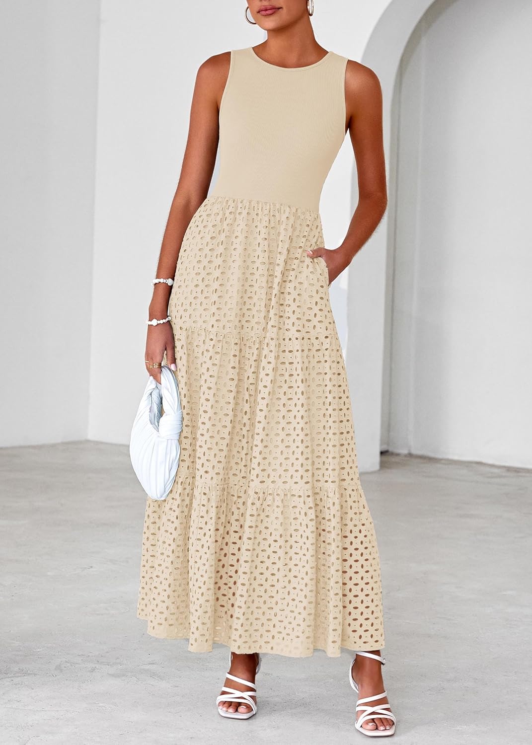 Lazysmile Womens Summer Dresses Crewneck Sleeveless A-Line Hollow Out Eyelet Tiered Tank Maxi Dress Sundress with Pockets - Image 3