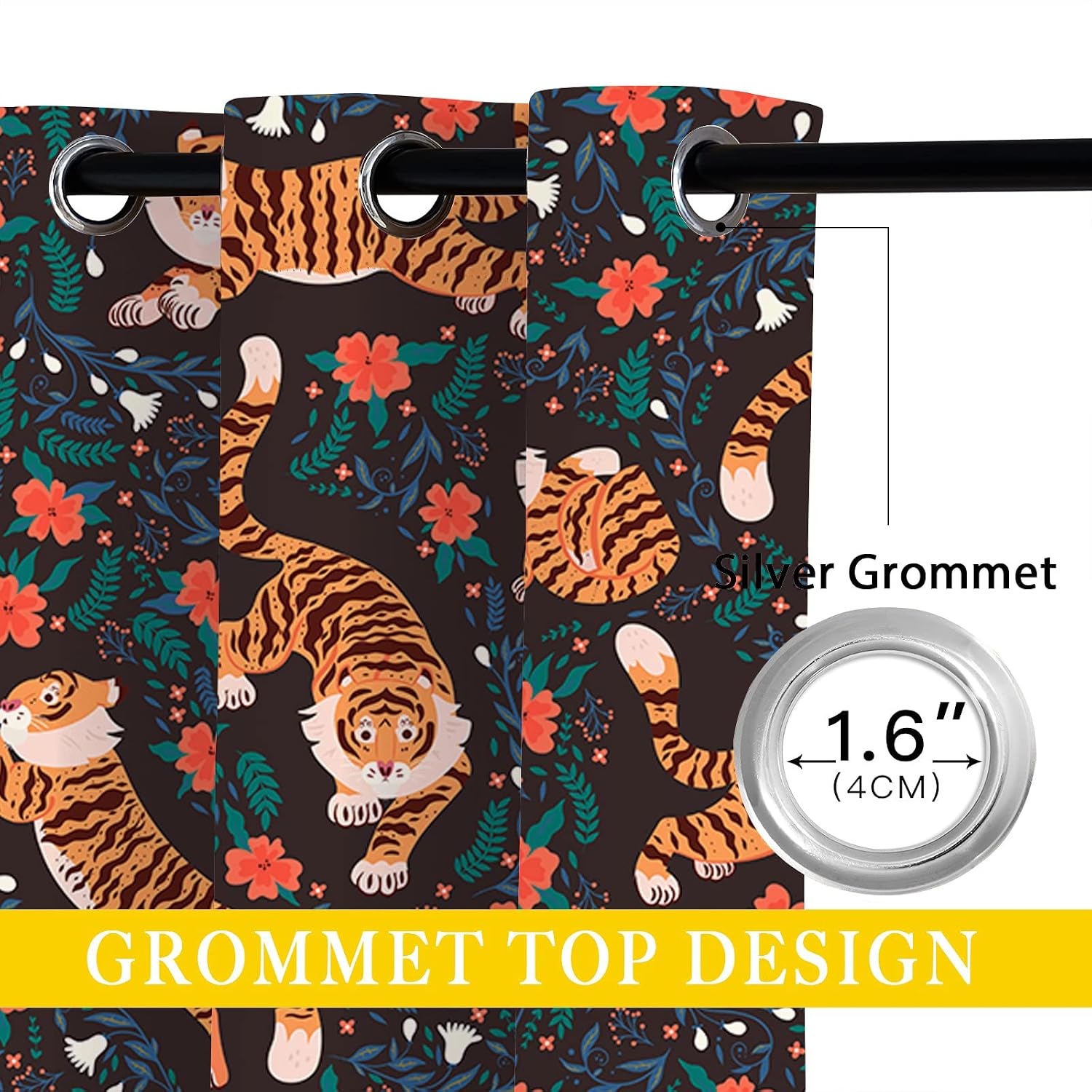 Tigers Blackout Curtains for Girls Boy Home Decor, Cute Animal Flower Cat Tiger Grommet Thermal Insulated Drapes Darkening Window Curtain for Bedroom Living Room, 42 x 45 Inch