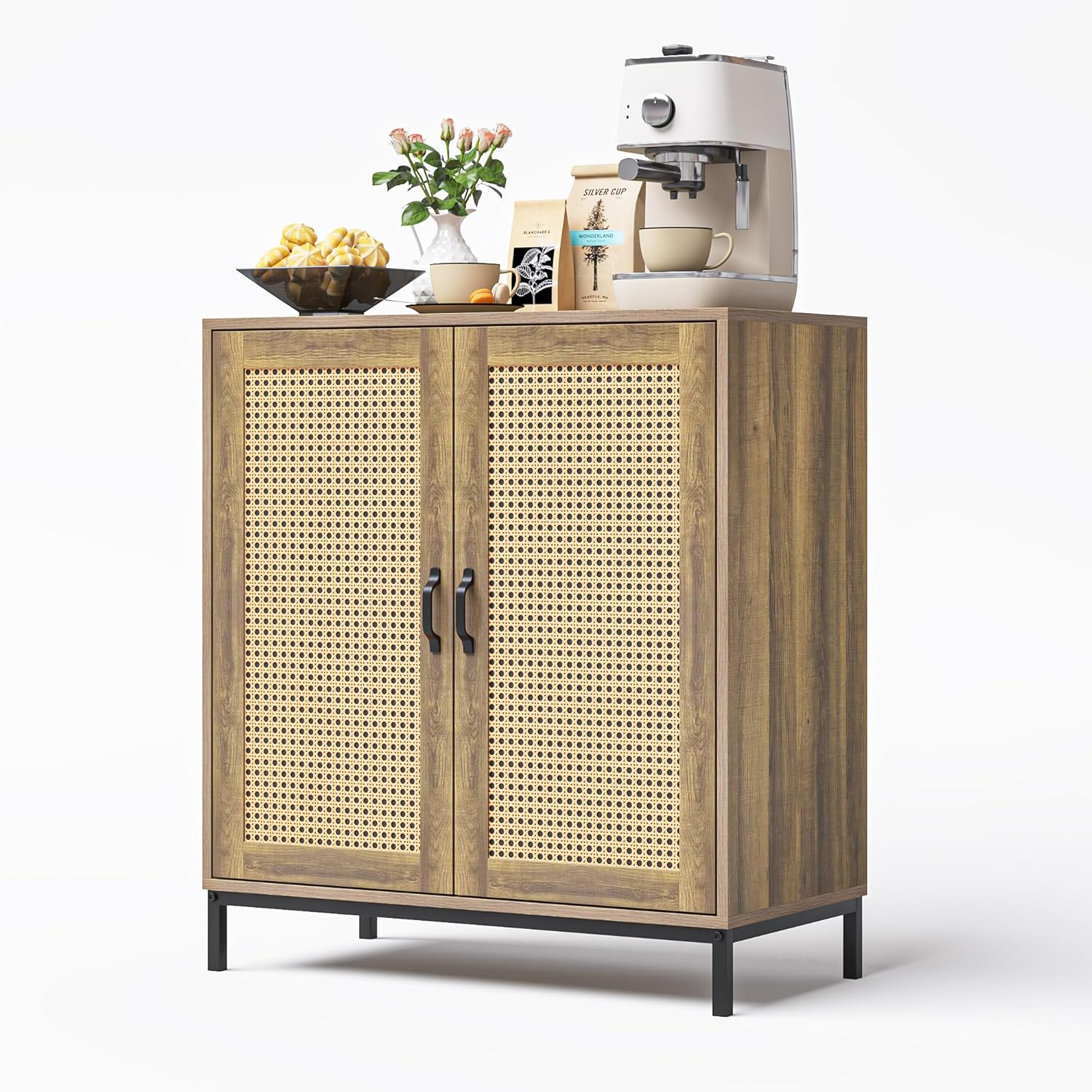 Buffet Cabinet with Storage Rattan Storage Cabinet with Doors Small Accent with Metal Feet Sideboard for Entryway, Living Room Hallway,Wood