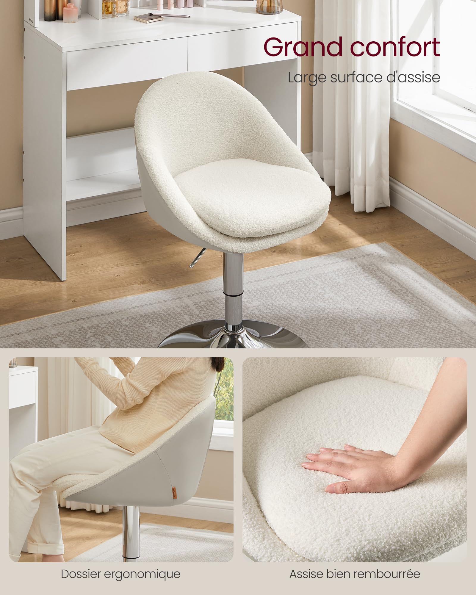 VASAGLE Chaise Réglable, Chaise de Coiffeuse, Fauteuil de Bureau Pivotant, Tabouret de Bar avec Dossier et Socle, en Acier, pour Bar, Bureau, Coiffeuse, Salle à Manger, Blanc Crème LJB100W01
