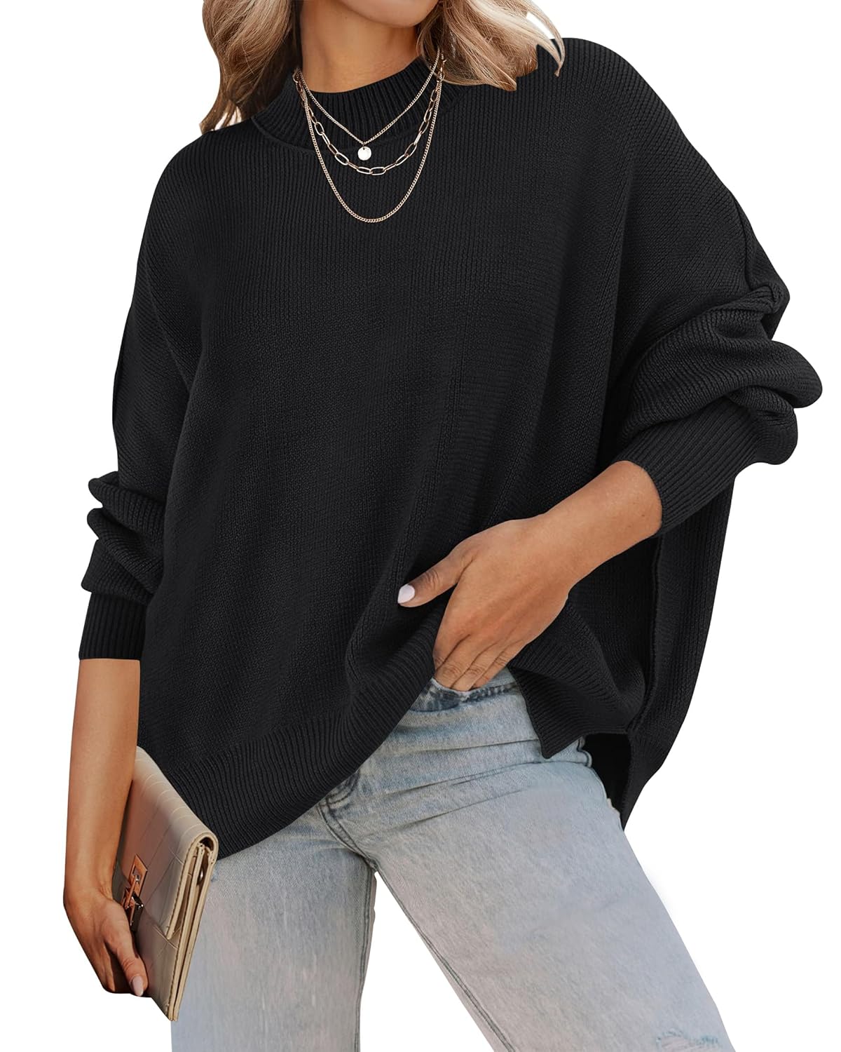 ZESICA Womens Fall 2026 Casual Long Sleeve Crew Neck Side Slit Oversized Ribbed Knit Pullover Sweater Tops
