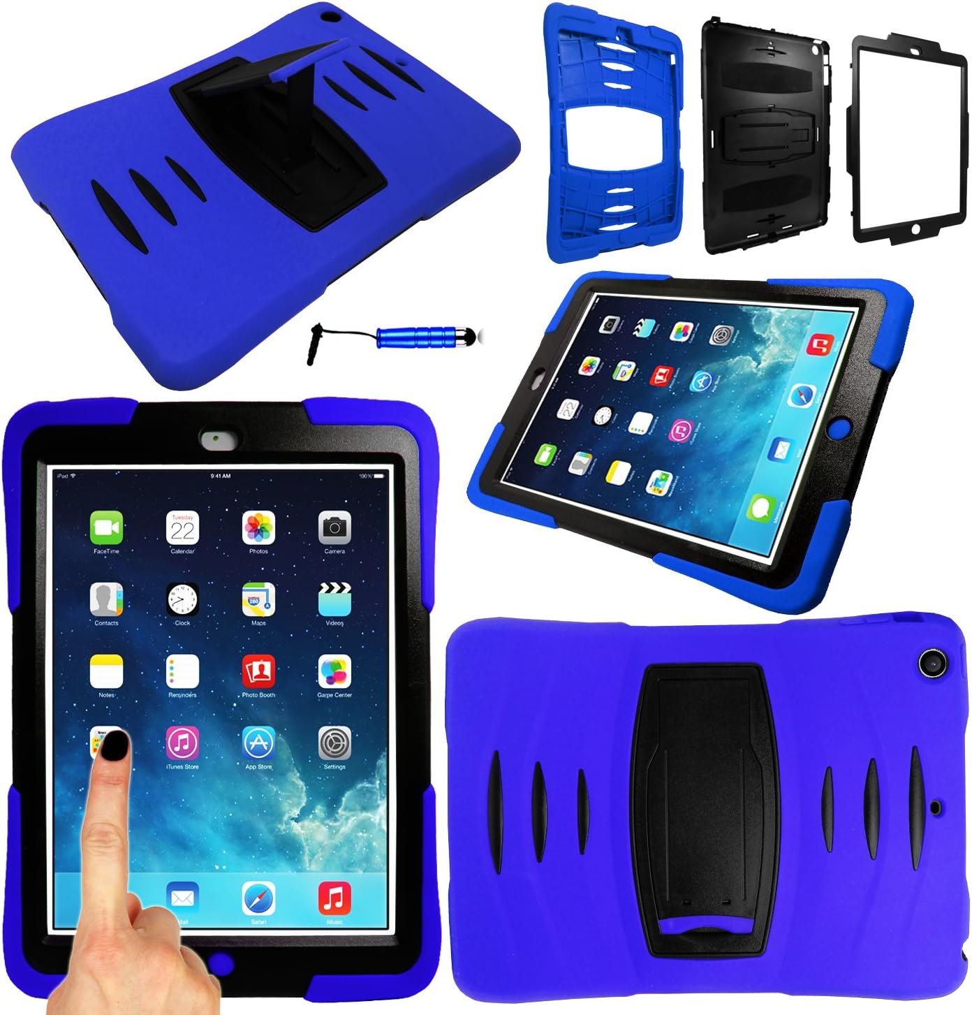Magic Global Gadgets - Blue Ultra Shockwave Military Extreme Dual Grade Case Cover For Apple iPad Mini / iPad Mini 2 II / iPad Mini 3 III Shock Proof Tough Durable Rugged Builder Workman Style With Built In Screen Guard + Mini Stylus