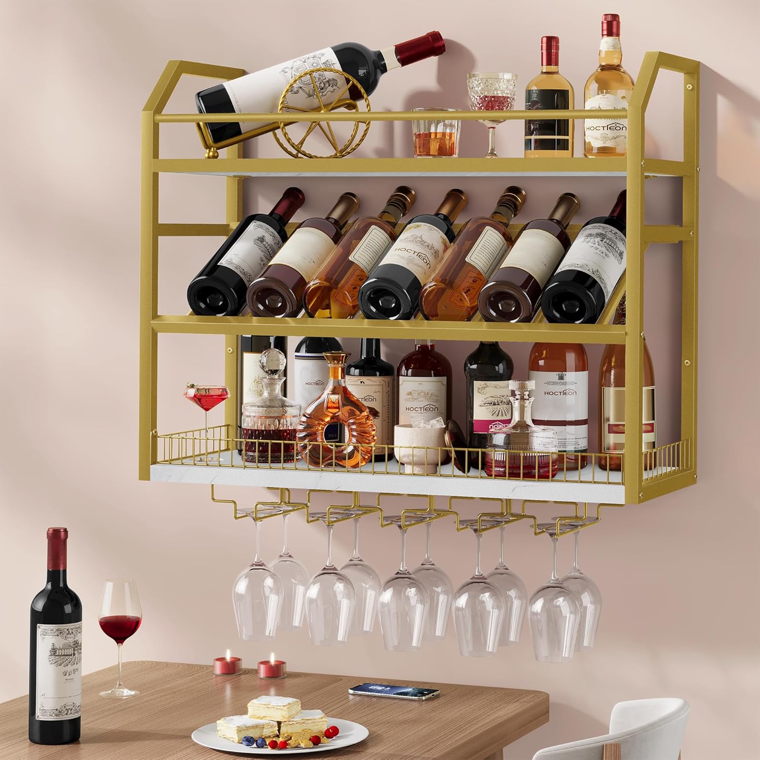Hoctieon Wall Mount Wine Rack, Wall Mounted Wine Bottle Rack for Display and Storage, Hanging Bottle Holder, for Living Room, Dining Room, Bar, Wine Cellar, Gold&White