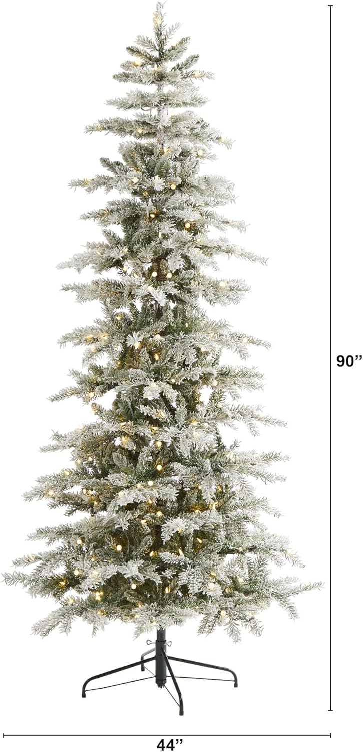 Nearly Natural 7.5ft. Slim Flocked Nova Scotia Spruce Artificial Christmas Tree with 450 Warm White LED Lights and 909 Bendable Branches