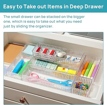 Vtopmart 7 PCS Clear Makeup Drawer Organizers Bins, 4-Size Stackable Makeup and Vanity Organizer Trays, Acrylic Bathroom Storage Containers for Cosmetic, Toiletries, Office Supply, Utensils, Gadgets
