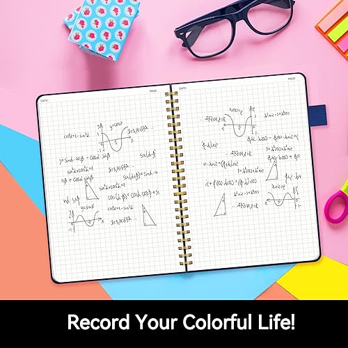 Miniatura 3 de Alltree Cuaderno grande con cuadrícula en espiral para el trabajo, cuaderno de espiral de tapa dura con lazo para bolígrafo, bolsillo, calcomanías,