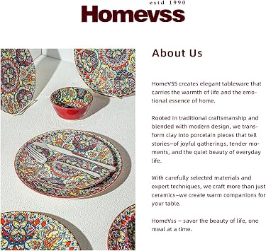 Homevss Boho 10 Pieces Dinnerware Sets, Plates and Bowls Set, Porcelain Dishes Set for 2, Microwave and Dishwasher Safe, Scratch Resistant, Bohemian Style Dining Ware, Red