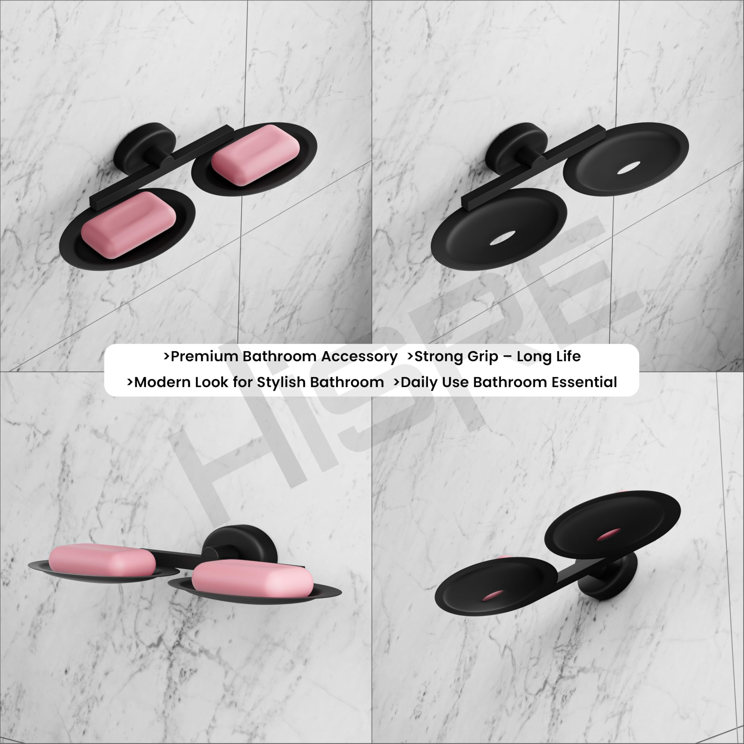 HISRE Double Soap Holder Wall Mounted | Matte Black Dual Soap Dish with Round Base & Oval Trays, Modern Bathroom Soap Holder for Shower, Sink & Wash Basin, photo 5 of 5