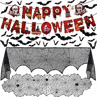 Halloween Decorations Indoor Set, 52pcs Halloween Party Decorations, Halloween 3D Bats & Spiderweb Table Runner & Cobweb Fireplace Mantel Scarf & Spooky Happy Halloween Banner for Home Indoor Decor