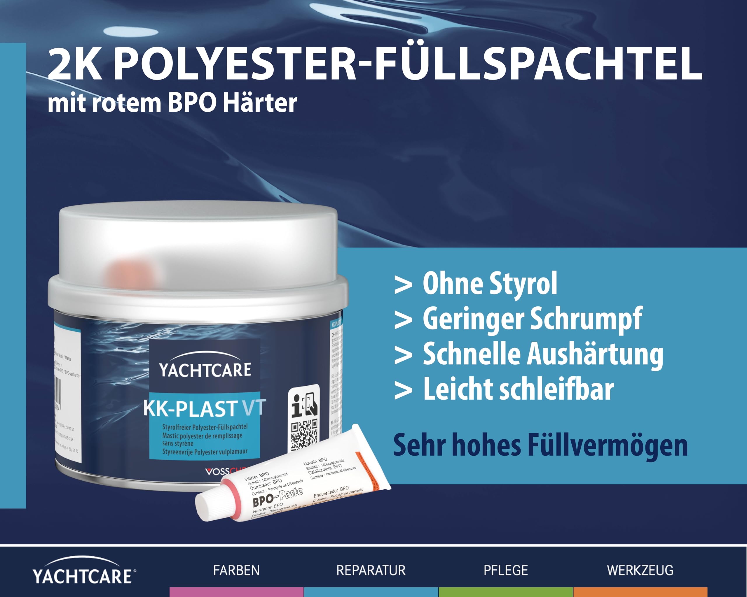 Yachtcare Szpachla poliestrowa 250 g, nie zawiera styrenu – 2K szpachla wypełniająca do samochodu, łodzi, metalu, drewna i włókna szklanego – niska kurczliwość się, szybkoschnąca i nadająca się do